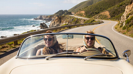 Couple driving a convertible car on a coastal road in California, USA