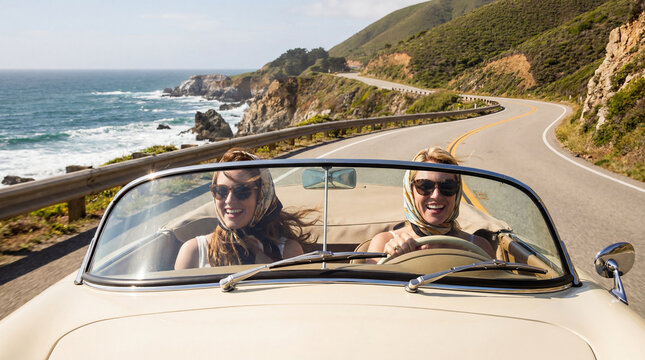 Couple driving a convertible car on a coastal road in California, USA