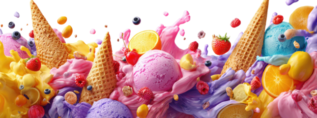 Vibrant melting ice cream cones with fruits, berries & splashes