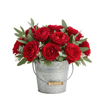 Beautiful arrangement of red roses in a rustic metal bucket with green leaves on a black background
