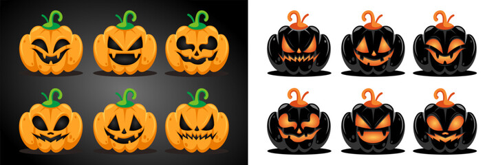 Collection of scary 3D Halloween pumpkins with various facial expressions. Design illustrations.