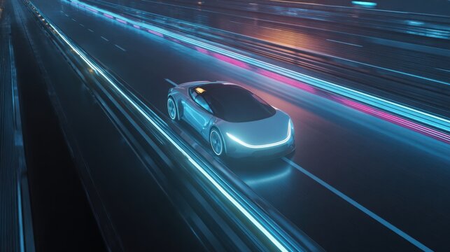 futuristic hybrid car speeding on elevated highway, sleek aerodynamic design, neon lit road lines, sustainable energy theme, clean minimalistic