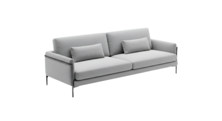 Minimalist sofa with clean lines and light gray upholstery enhances modern living spaces, inviting relaxation and style with subtle elegance and