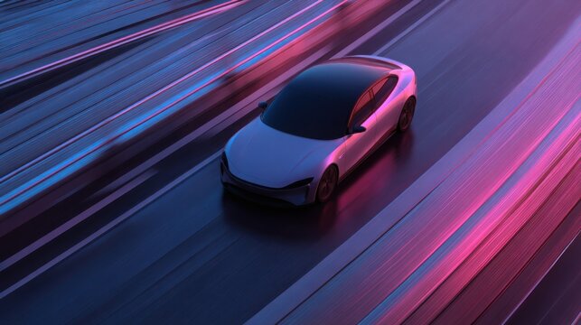 futuristic hybrid car speeding on elevated highway, sleek aerodynamic design, neon lit road lines, sustainable energy theme, clean minimalistic
