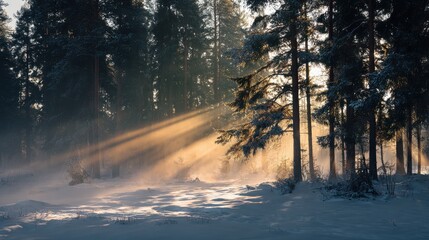 Sunbeams pierce misty winter forest with snow covered ground light