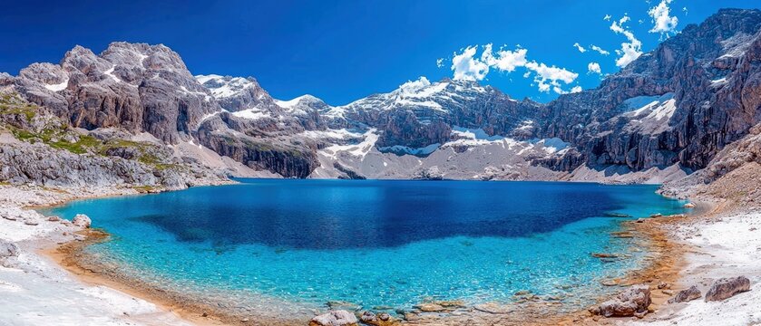 A panoramic view of a stunning, crystal-clear turquoise alpine lake nestled amidst rugged, snow-capped mountains. The vibrant blue water reflects the bright, su - Powered by Adobe