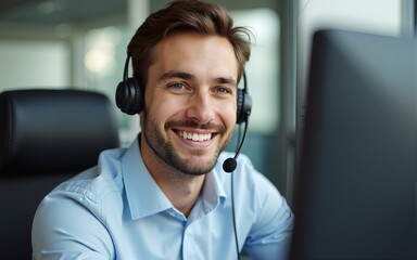 Young smiling male call center operator doing his job with a headset.Portrait of call center worker at office. High quality
