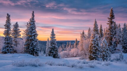 Snow covered pine trees in a winter forest during a pink and orange sunset image