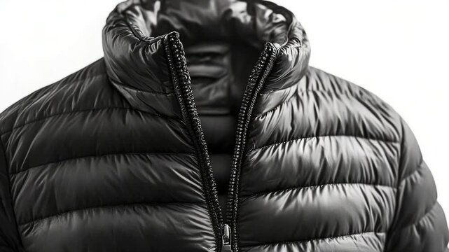 A man wearing a puffy jacket, ed in black and white
