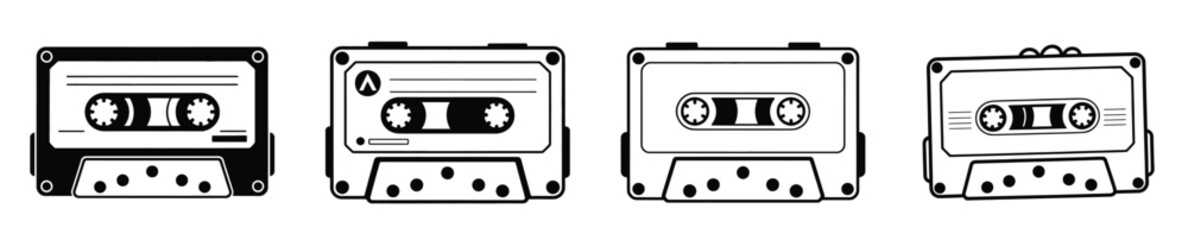 Retro cassette tapes displayed in a simple linear black and white style. Retro audio set with cassette tapes and vintage music elements in hand drawn style, vector illustration.
