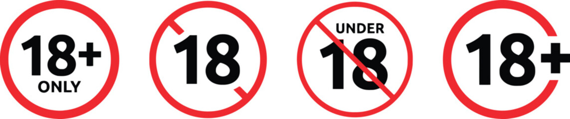 18, eighteen, plus, only, under, restriction, age, limit, warning, sign, symbol, icon, red, circle, prohibited, forbidden, adult, content, mature, legal, safety, graphic, design, illustration, vector,
