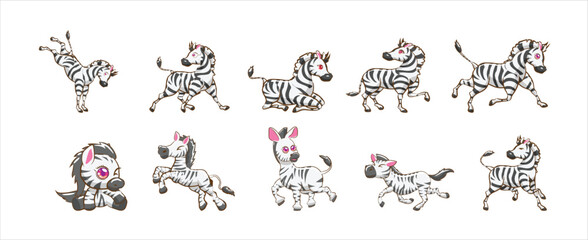Set of cute zebra in various poses with hand-drawn vector illustrations. Doodle line art style, isolated and easy to use for creative projects and designs. vector illustration. © Zahra
