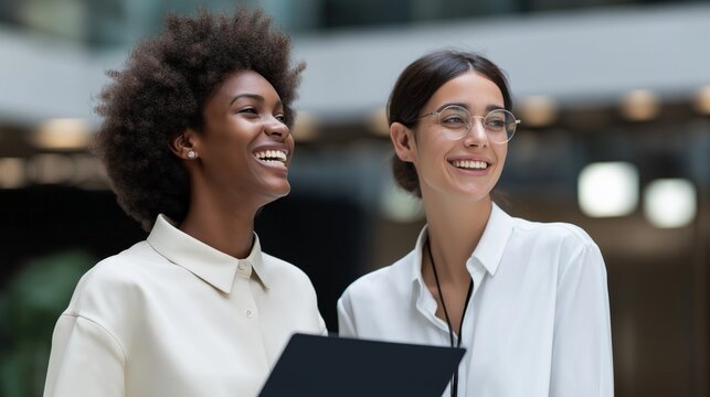 Two cheerful and diverse business professionals engage in a lively discussion in a contemporary office