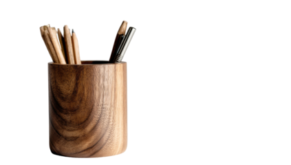 Wooden pencil cup with assorted writing utensils