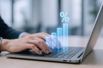 Analyzing Financial Growth on Laptop: Businessman Reviewing Investment Performance with Rising Percentage Chart