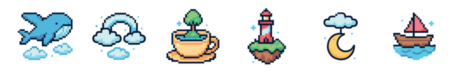 Fototapeta premium Six charming pixel art illustrations depicting whimsical fantasy elements: a jumping whale, a rainbow, a tree in a teacup, a lighthouse, a moon, and a sailboat, all in a delightful retro game style