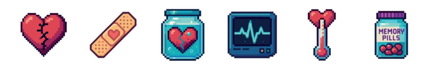 A vibrant collection of pixel art icons depicting a mended broken heart, a heart-band aid, a heart in a jar, an ECG monitor, a heart thermometer, and memory pills