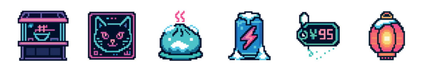 A vibrant collection of pixel art icons featuring a vending machine, a neon cat face, a steaming dumpling, a lightning bolt rocket, a digital price tag, and a glowing lantern