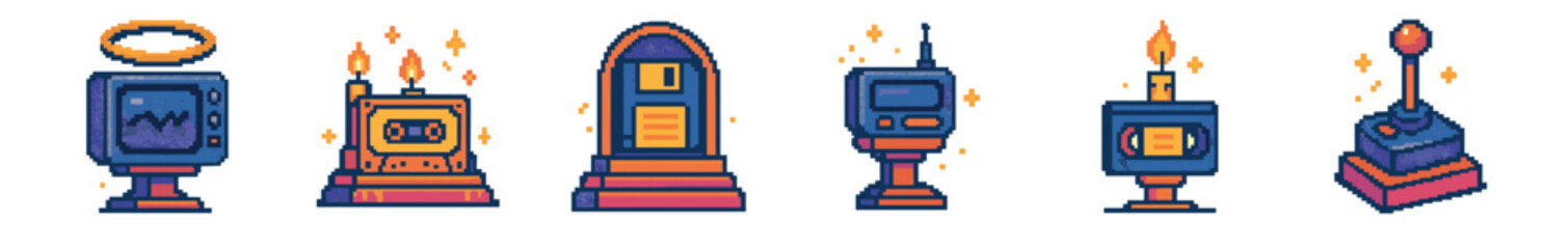 A vibrant collection of retro pixel art icons depicting various vintage electronic devices and futuristic gadgets, rendered in a charming 8-bit style with glowing elements and sparkling accents