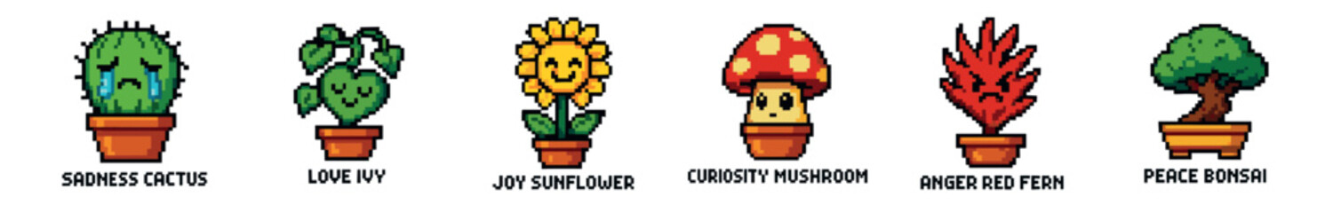 Six charming pixel art potted plants and fungi, each characterfully depicting a distinct emotion including sadness, love, joy, curiosity, anger, and peace, rendered in a vibrant retro video game style