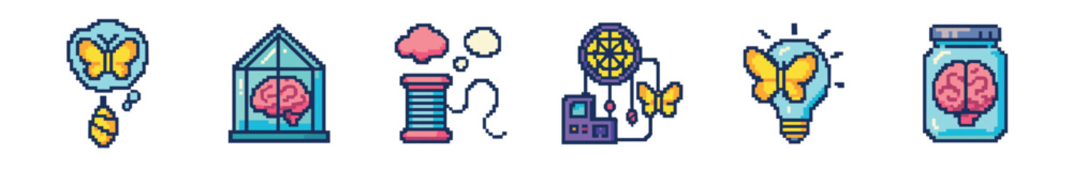 A vibrant pixel art collection of conceptual icons, featuring brains and butterflies in various scenarios, symbolizing themes of thought, creativity, and control