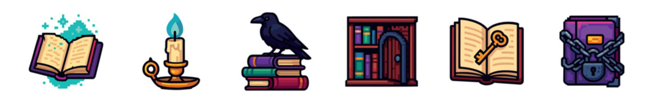 A set of pixel art icons illustrating fantasy and magical elements, featuring an enchanted book, a glowing candle, a raven on books, a bookshelf, a book with a key, and a chained grimoire