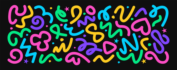 Cheerful Memphis style vector design with pink, blue, yellow, green, and purple elements. design illustration