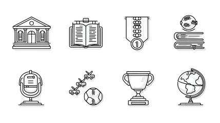 Collection of eight black and white outlined illustrations featuring educational and achievement icons