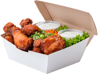 Fried chicken wings in box with sauce isolated on transparent background. Perfect for delivery food design