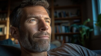 Pensive mid-adult man gazes thoughtfully into distance, exuding calm and inner peace at home