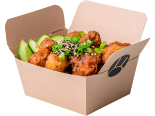 Fried chicken wings in paper box isolated on transparent background. Perfect for food and delivery design.