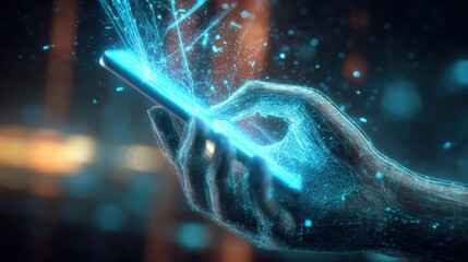 Abstract Hand Holding Phone with Glowing Digital Connections, Modern Technology and Communication Concept