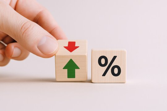 Interest Rate Fluctuation Concept: Hand Manipulating Wooden Blocks with Percentage Sign and Arrows Depicting Market Changes
