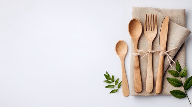 A set of wooden cutlery including a fork, knife, and two spoons, tied with twine and placed on a beige napkin, with fresh green leaves on a white background. Na