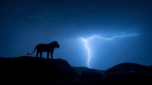 A majestic lion stands silhouetted against a dramatic backdrop of a lightning storm at night.
