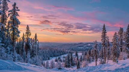 Snow covered pine forest at sunrise with pink and orange sky winter trees