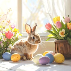 Adorable bunny sits amidst colorful eggs and flowers near a sunlit window with soft curtains, perfect for Easter