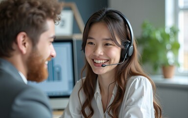 Beautiful friendly female customer support agent with headphones talking with client while using computer in office. High quality