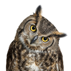 Fototapeta premium Close up portrait of a majestic great horned owl with piercing yellow eyes against a stark black