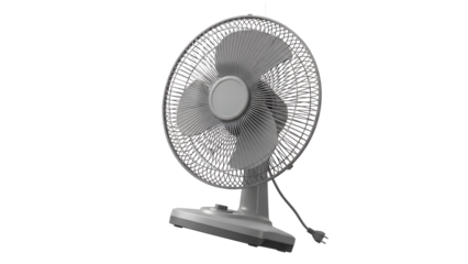 Elegant electric gray fan oscillating on a stark white background for a clean fresh ambiance