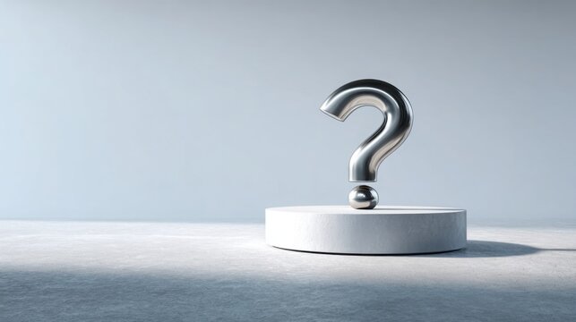 Large metallic question mark standing on a minimalist white platform, soft shadows, bright clean background, elegant and contemplative atmosphere