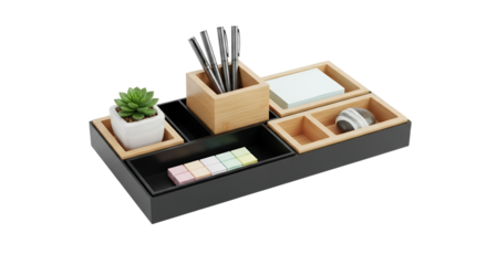 Sleek desk organizer featuring natural wood accents and a minimalistic aesthetic, ideal for office or home workspace efficiency and design