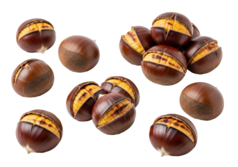 Multiple roasted European chestnuts with dark matte shells, some split revealing warm golden-brown mealy flesh, on a transparent background with copy space, concept for autumn food promotion