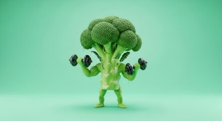A muscular, anthropomorphic piece of broccoli with arms and legs lifts two small dumbbells against a solid, mint green background, emphasizing healthy strength.