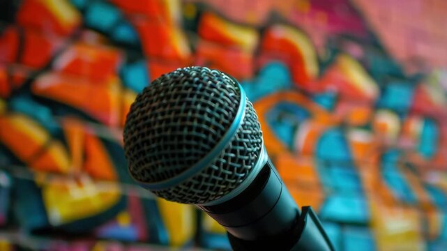 Black microphone in front of colorful graffiti wall