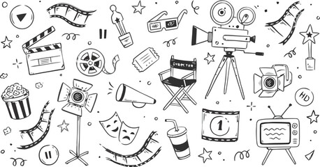 cinema, film, movie, movie making, camera, clapperboard, popcorn, tickets, director chair, megaphone, spotlight, film reel, film strip, 3D glasses, trophy, masks, television, play button, pause button