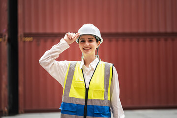Portrait Caucasian woman logistics workers at container site