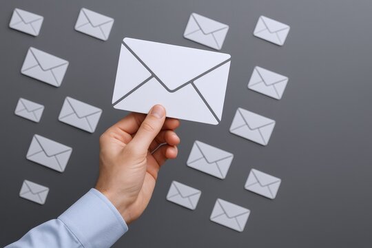 Hand Holding Envelope Symbol Amidst Email Icons, Communication Concept, Isolated on Grey Background