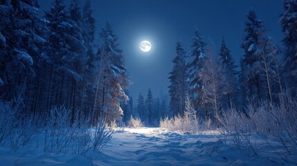 Full moon illuminates a snowy forest path at night with frosted trees moonlit