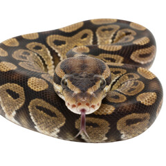 Close-up of a Python Snake with intricate patterns and a flickering tongue against a black